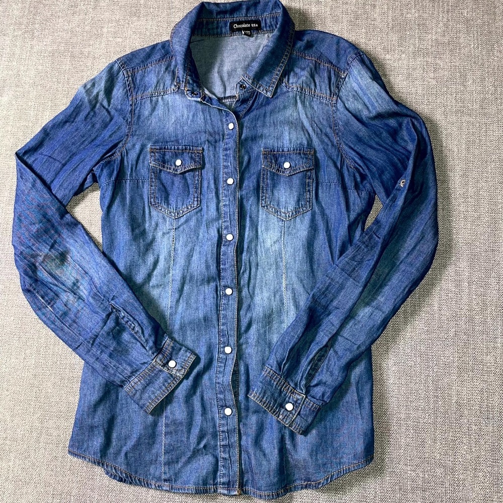 Chocolate Usa Western Shirt Womens Small Blue Denim Roll Tab Sleeve Pearl Snap